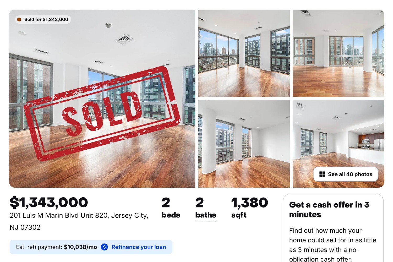 Taken as a listing — sold for $1,343,000 — 201 Luis M Marin Blvd Unit 820, Jersey City, NJ
