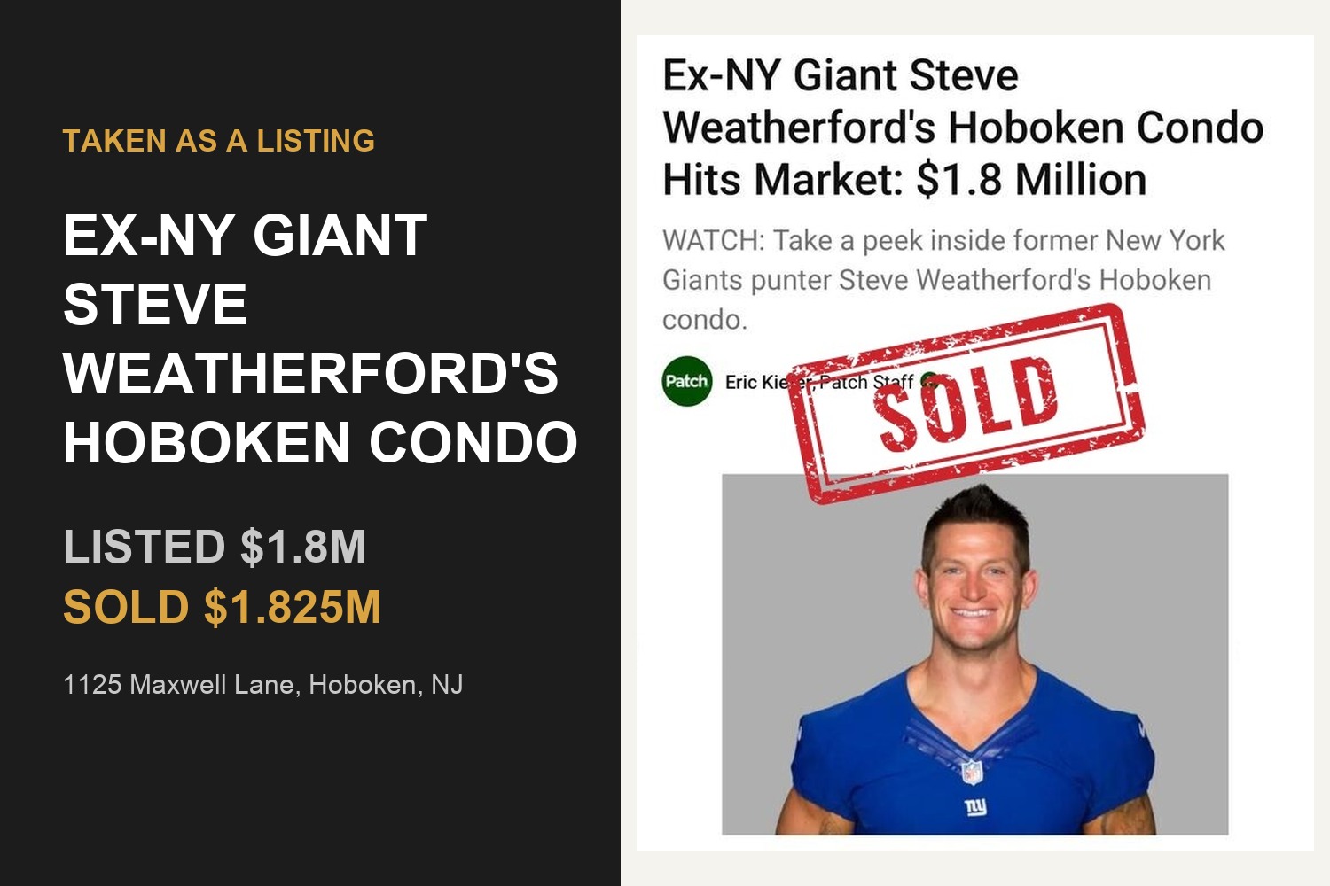 Taken as a listing — Ex-NY Giant Steve Weatherford's Hoboken condo